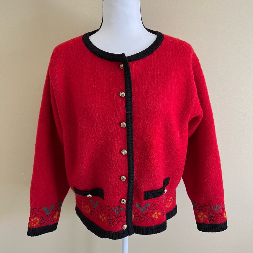 Blarney Red Vintage Irish Woolen Women Cardigan, M